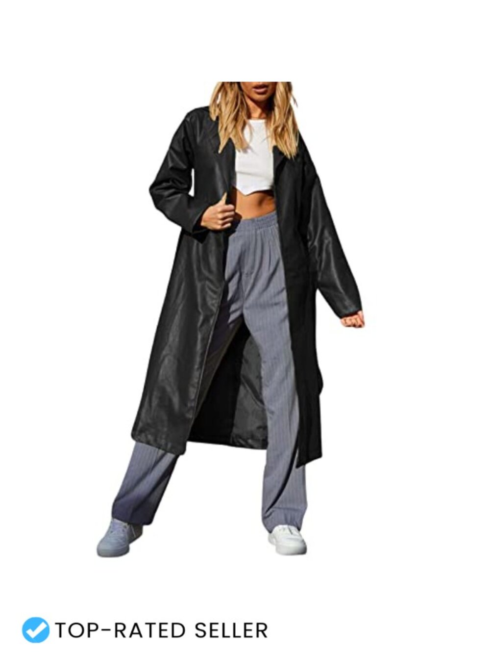 Faux Leather Long Trench Coat Open Front Belted